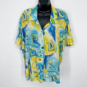 Cervelle VINTAGE Blouse Womens Sz L Blue Yellow Green Swirl Artsy Funky Floral